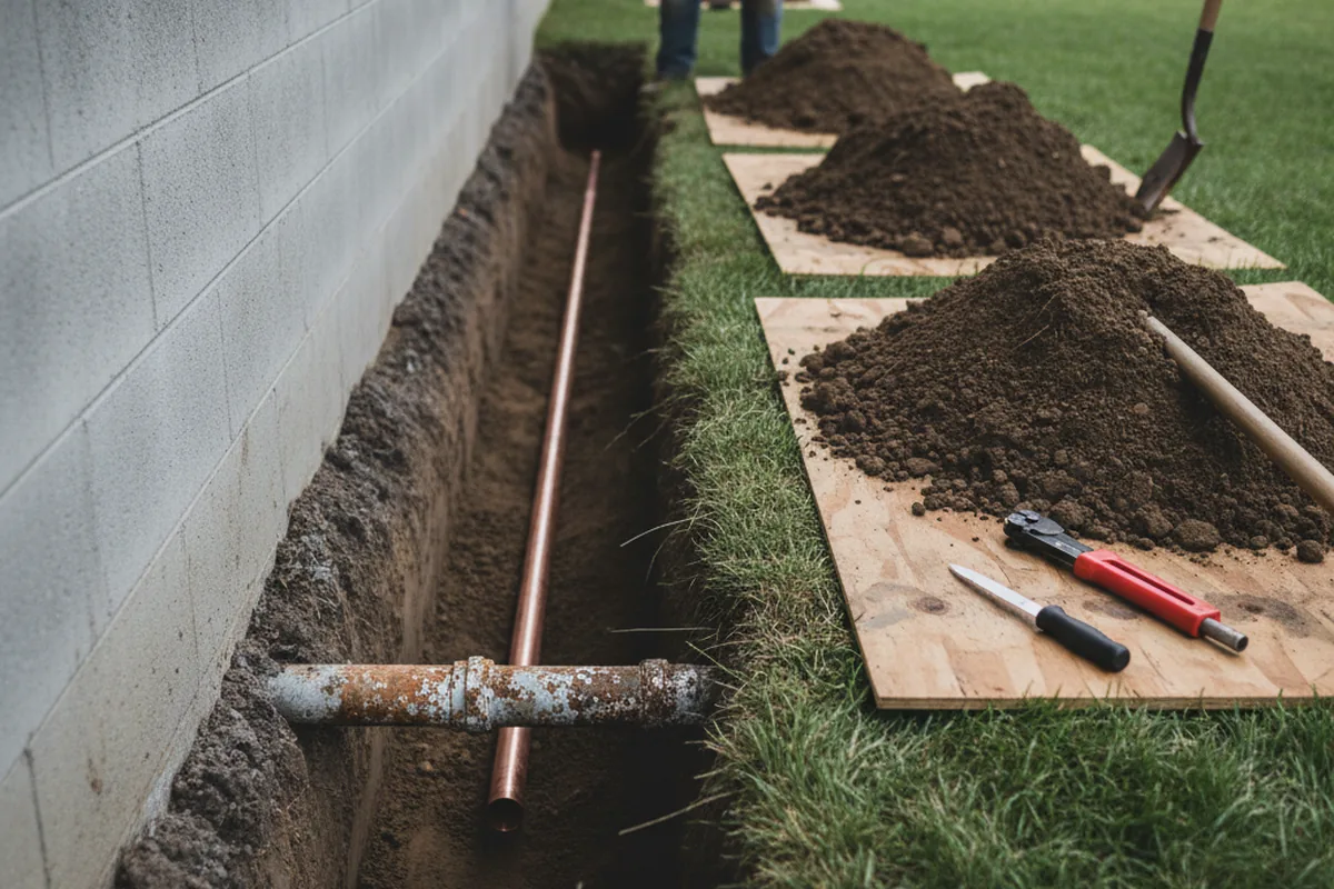 Excavated water line trench during Water Heater Repair in Era